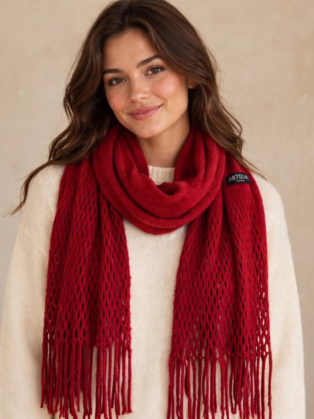 Artizan Scarf Red Knit Long Fringe Shawl Wrap Open Mesh Boho Winter